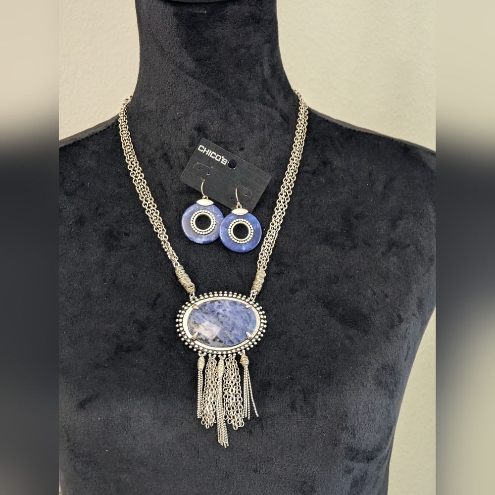 Chicos Necklace And Earring Marbled Blue And Silver Tone
